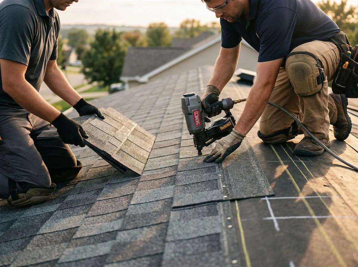 Professional roofer working on a residential roof in Los Banos